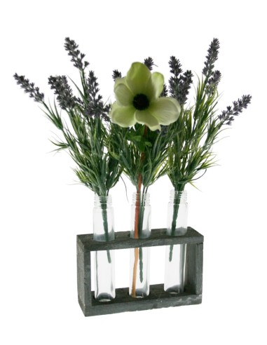 Vase avec base en bois et trois vases en verre intégrés.