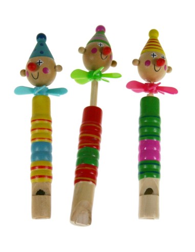 Flauta de Fusta Natural, Un Divertit Joc Musical per a Nens amb Cap de Pallasso i Ventalls Colorits.