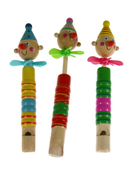 Flauta de madera payaso con hélice. Medidas: 13xØ3 cm.