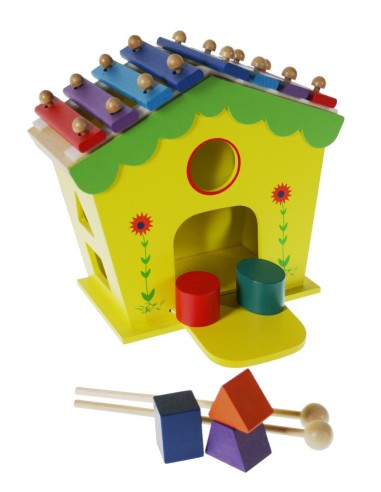 Maison de jeu musicale avec xylophone et blocs de forme pour la motricité des enfants.