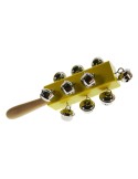 Sonajero de campanilla de madera color amarillo instrumento musical acústico infantil juguete tradicional.