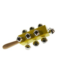 Sonajero de campanilla de madera color amarillo instrumento musical acústico infantil juguete tradicional. Medidas: 20x7x7 cm.