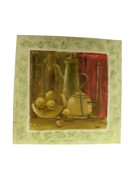 Cuadro bodegón pintado sobre tela al óleo color verde. Medidas: 77x77 cm.
