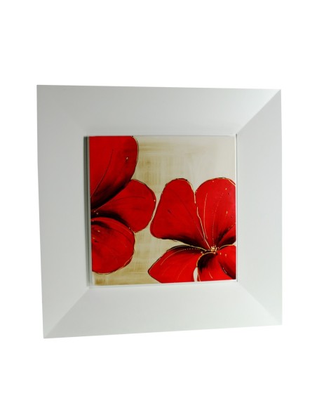 Cuadro pintado al óleo en madera y enmarcada con flor roja. Medidas: 80x80x5 cm.
