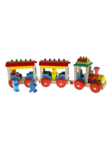 Train en bois massif multicolore avec des passagers jouets traditionnels