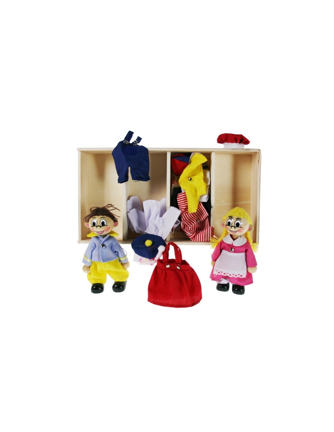 Muñeco y muñeca de madera con ropa para vestir