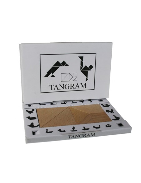 Joc trencaclosques Tangram de Fusta en estoig joc de raonament geomètric tangram joc clàssic. Mides: 15x22 cm.