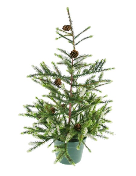 Abeto de Navidad pequeño en maceta con piñas Árbol artificial decoración navideña para hogar. Medidas: 62x30x30 cm.