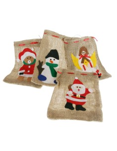 Bolsa pequeña de regalo de tela de yute con adorno navideño bolsitas de Navidad para regalo. Medidas: 21x16 cm.