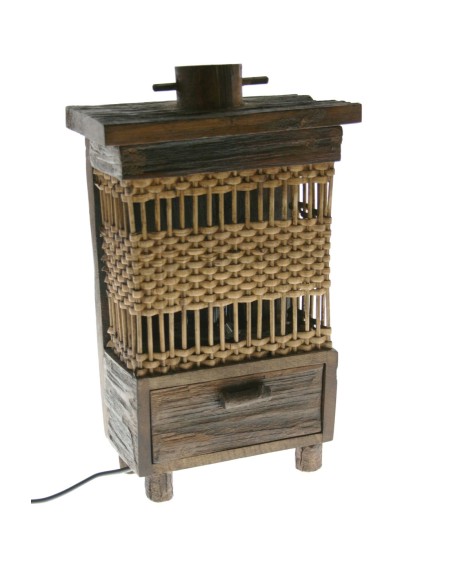 Lámpara de sobremesa de madera y mimbre con cajón estilo rustico para decoración hogar. Medidas: 34x19x12 cm.