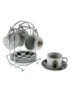 Joc de quatre tasses i plat amb suport americà estil retro vintage parament de cuina i taula ideal per a regal