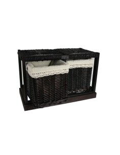 Banc seient de anella color noguera i dues cistelles de vímet folrades per a emmagatzematge, decoració llar rústic 2