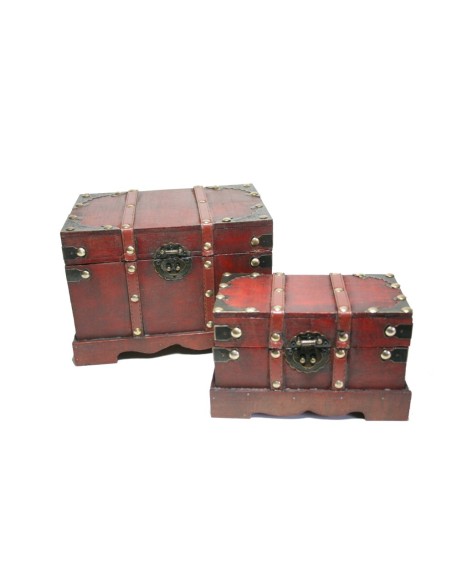 Caixa joier de fusta color caoba amb ferratges i corretges. Mesures: 11x18x10 cm.