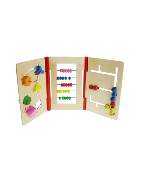 Libro infantil de madera de juego de motricidad fina para bebé con laberinto, calculo y formas deslizantes. Medidas: 25x52x5 cm.