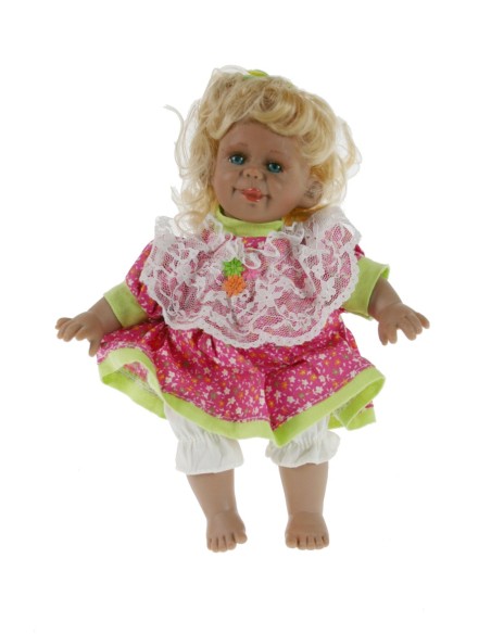 Muñeca con carácter y vestido de color rosa y cabello rubio. Medidas: 25x20x12 cm.