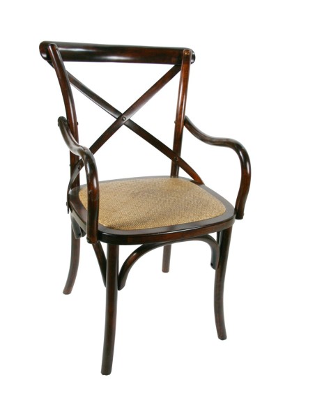 Silla de madera de teka con reposa brazos asiento ratán estilo vintage para decoración salón del hogar. Medidas: 89x47x55 cm.