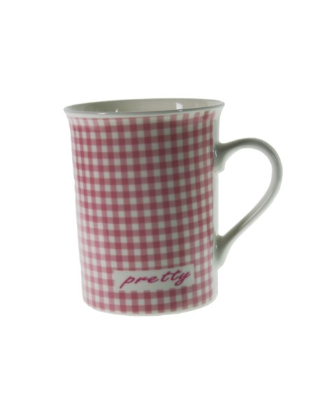 Taza mug taza para café, de porcelana color rosa diseño cuadros estilo vintage para los desayunos. Medidas: 10xØ8 cm.