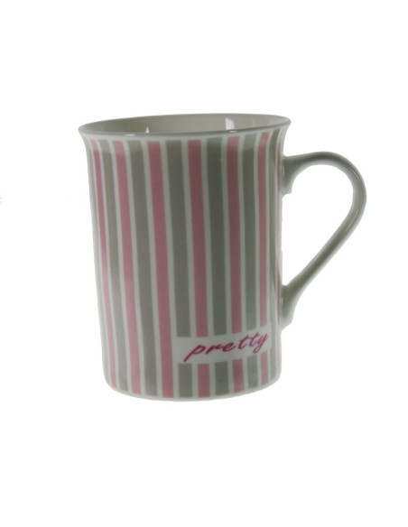 Taza mug taza para café, de porcelana color rosa diseño rayas estilo vintage para los desayunos. Medidas: 10xØ8 cm.