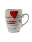 Taza mug de cerámica para desayuno con diseño rayas y corazón rojo estilo vintage romantico
