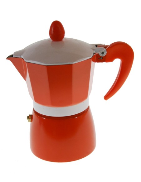 Cafetera aluminio para dos tazas de café de color naranja menaje de cocina. Medidas: 16x9x9x cm.