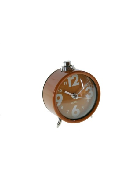 Reloj despertador analógico redondo color naranja estilo clásico para decoración hogar. Medidas: 9x8x6 cm.