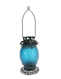 Porta velas farol vidrio y metal color azul decoración ambiente regalo