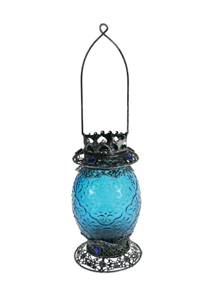 Portavelas farol de vidrio y metal color azul estilo vintage para decoración hogar, jardín, terraza. Medidas: 19xØ10 cm.