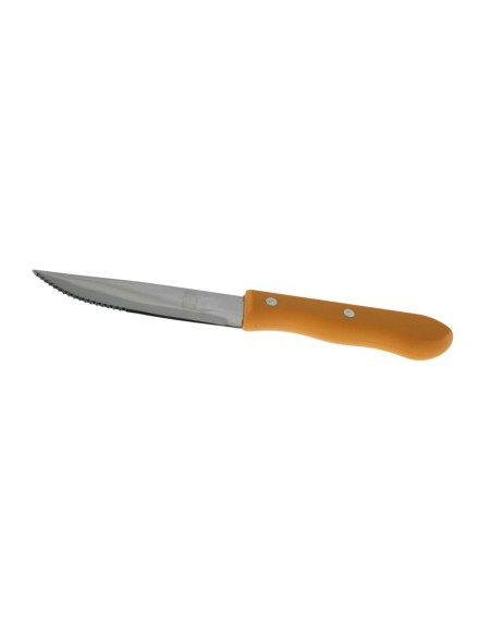 Ganivet per cuinar amb fulla de serra amb mànec color groc útils parament de cuina. Mesures: 25 cm.