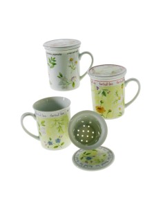 Taza de infusión con filtro de porcelana tisana para té decorada menaje de cocina mesa. Medidas: 11x8x8 cm.