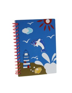 Libreta Infantil Hojas a Rayas con tapas de madera de Color Azul decorada con Delfín y Sol