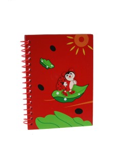 Carnet pour Enfants Feuilles Rayées avec Couvertures en Bois Rouge Décorées de Coccinelle et de Soleil.