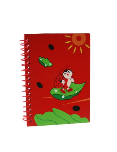 Carnet pour Enfants Feuilles Rayées avec Couvertures en Bois Rouge Décorées de Coccinelle et de Soleil.