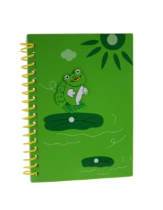 Libreta Infantil Hojas a Rayas con tapas de madera de Color Verde decorada con Rana y Sol.