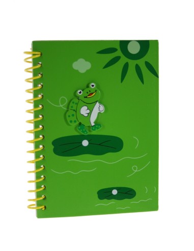 Libreta Infantil Hojas a Rayas con tapas de madera de Color Verde decorada con Rana y Sol.