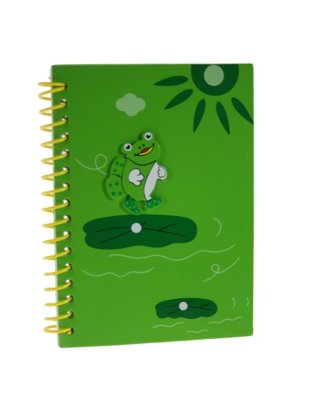 Libreta Infantil Hojas a Rayas con tapas de madera de Color Verde decorada con Rana y Sol.