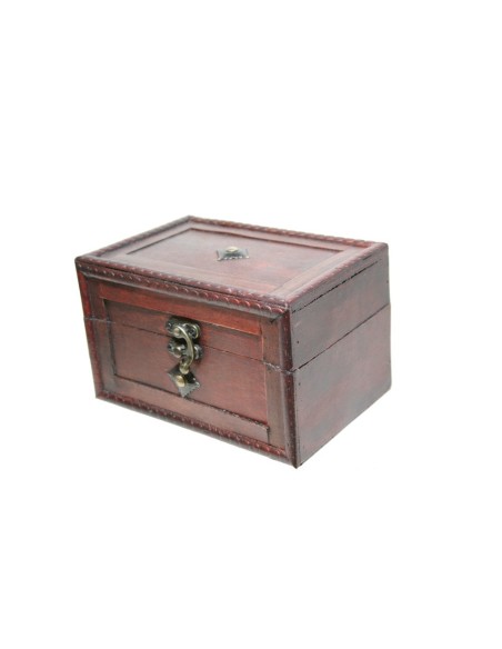 Caja joyero de madera laminada con botón central color caoba. Medidas: 11x12x18 cm.