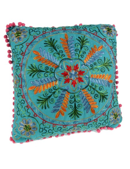 Cojín hippie bordado multicolor color Azul. Medidas: 40x40 cm.