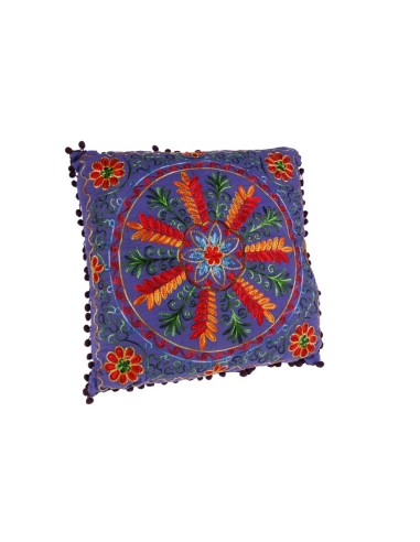 Coussin Hippie Brodé Multicolore, Couleur Lilas, Style Bohème pour votre Maison.