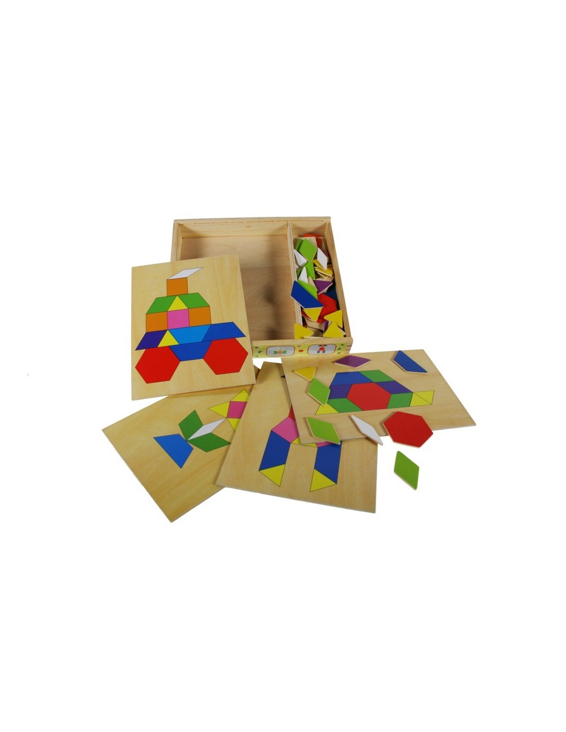 Puzzle mosaico multicolor en caja de madera con varias composiciones juego clásico infantil