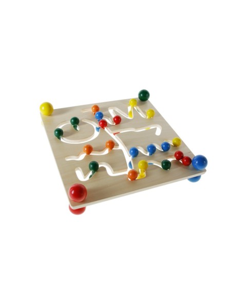 Joc de motricitat fina a taula de fusta massissa un laberint amb boles i colors joc de lliscament. Mides: 23x32x5 cm.