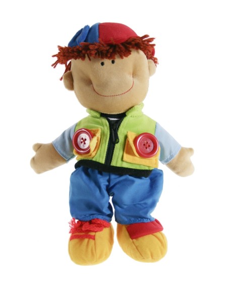 Muñeco de trapo con vestido para fomentar la motricidad infantil. Medidas: 33x23 cm.