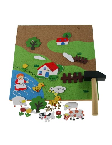 Marteau en liège avec 21 pièces en bois clouant des figurines de ferme. 