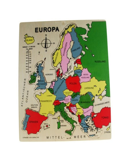 Puzzle encajable de madera países de Europa descripción en alemán juego educativo infantil. Medidas: 30x40 cm.