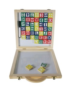 Juego de letras y números de madera con maleta para transporte juego de motricidad fina para niño niña. Medidas: 4x30x27 cm.