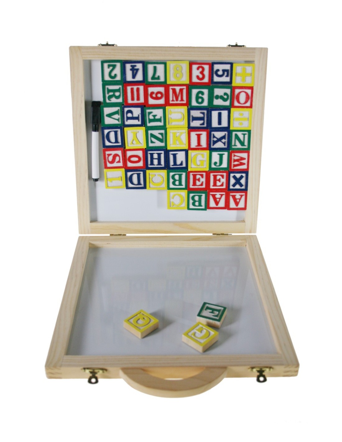 Juego de letras y números de madera con maleta para transporte juego de motricidad fina para niño niña.