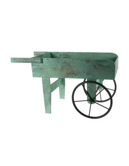 Maceter porta testos amb forma de carro de fusta i rodes de metall decoració vintage. Mides: 36x62x30 cm.