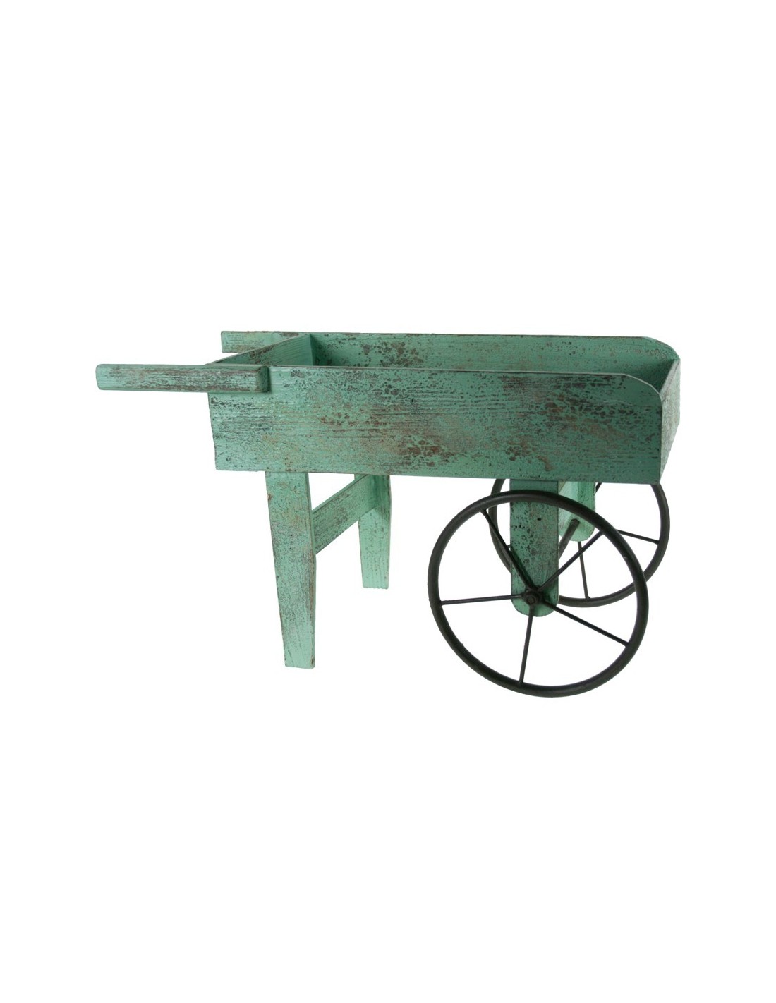 Macetero porta tiestos con forma de carro de madera y ruedas de metal decoración vintage.