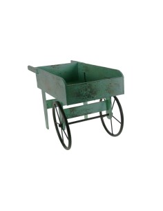 Macetero porta tiestos con forma de carro de madera y ruedas de metal decoración vintage. 2