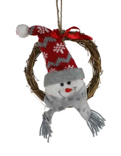 Corona de Navidad de ratán pequeña con muñeco de nieve para puerta de casa adorno navideño. Medidas: 18x16x5 cm.
