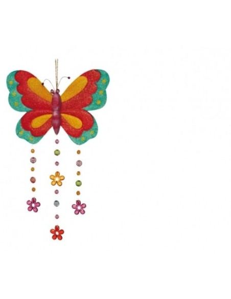 Mariposa colgante metálica de colores para decoración habitación de infante. Medidas: 20x15 cm.